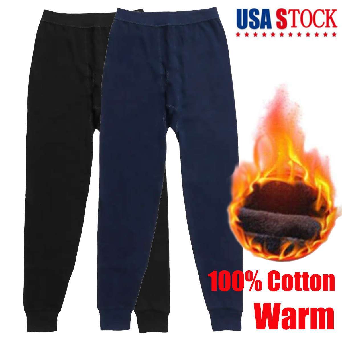 Men Winter Fleece Lined 100% Cotton Thermal Long Johns Bottom Underwear Pants