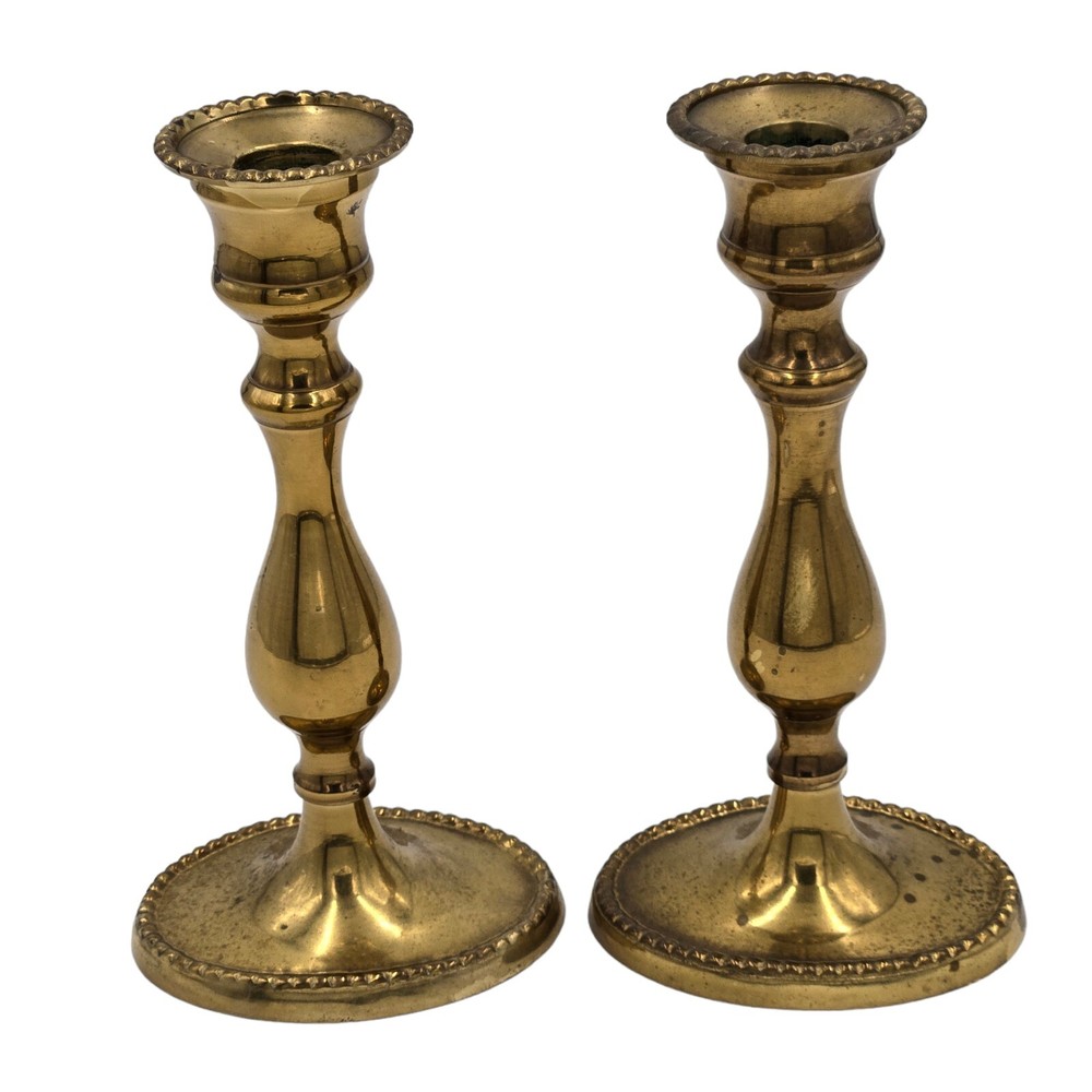 Brass Candlestick Set Oval MCM Traditional Goldtone Lacquered Holder Pair