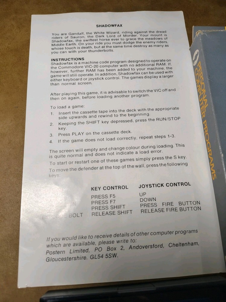 Commodore VIC-20 Postern Shadowfax Cassette - Art Boxed & Working 1982