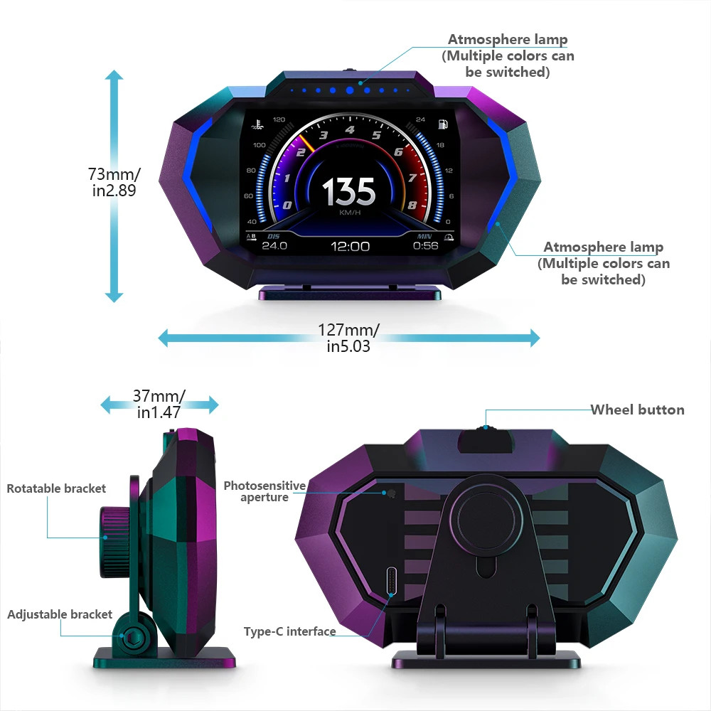 On-board Computer HUD OBD2 Head Up Display GPS Speedometer 12 Interface Display