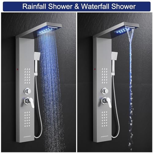 LED Shower Panel Tower System, Rainfall Waterfall 5 Modes-Brushed-2 Jets