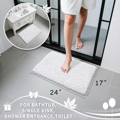 Chenille Bathroom Rugs Non Slip, Extra Thick Solid 24" x 17" Rectangular White