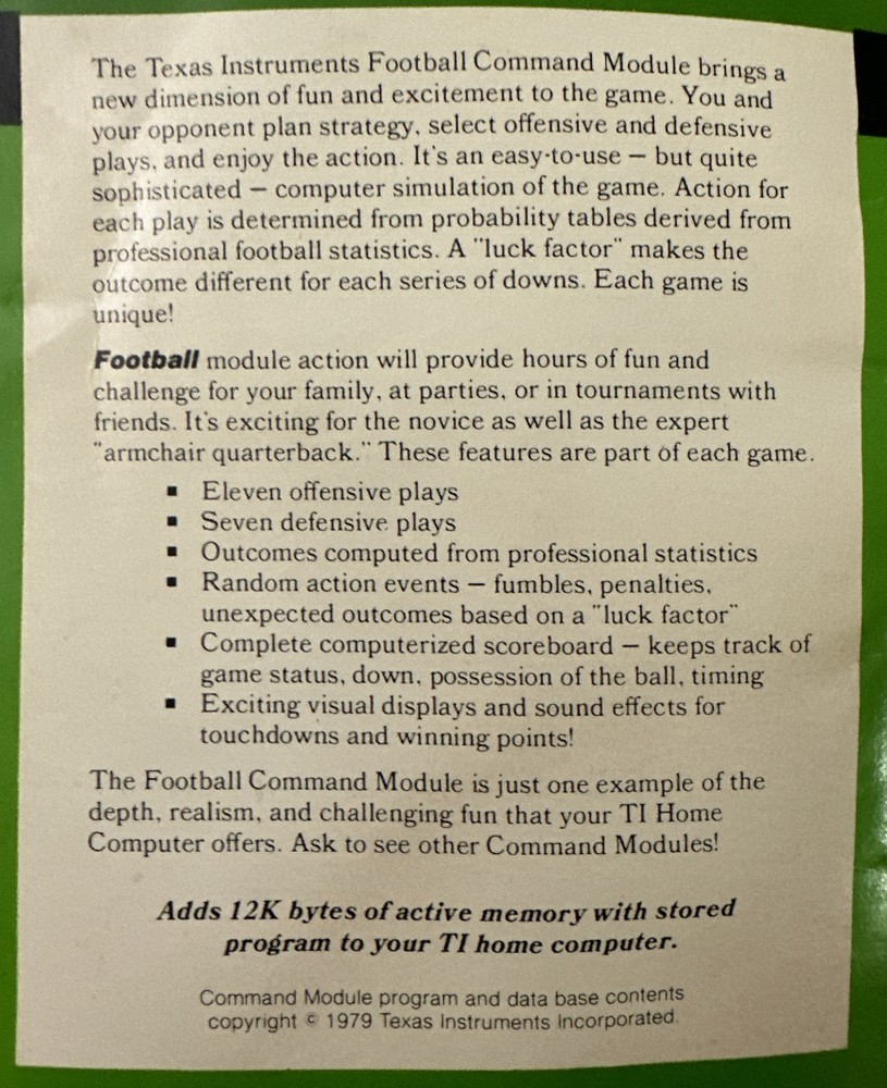 Football Game Command Module & Manual Texas Instruments TI99/4A Computer Vintage