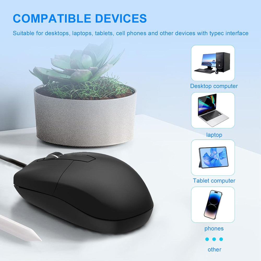 USB C Wired Mouse, Type C Optical Mouse, Portable Silent Comfortable, for Laptop