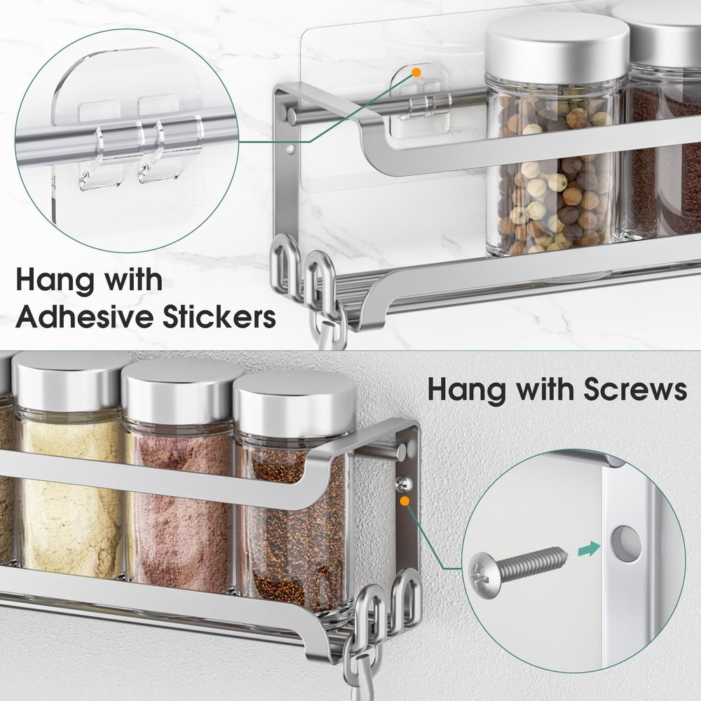 2 Pack Wall Mounted Spice Rack with 8 Hooks Spice Organizer Shelf Silver