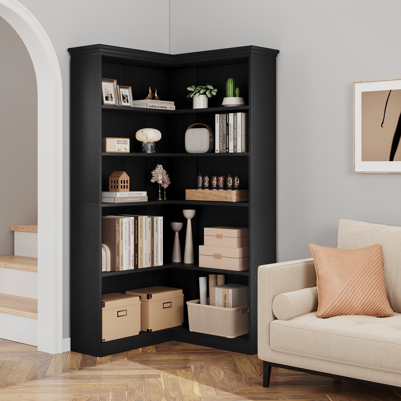 Corner Bookshelf 5 Tier Large Display Bookshelf 90° Corner Standing Bookcase