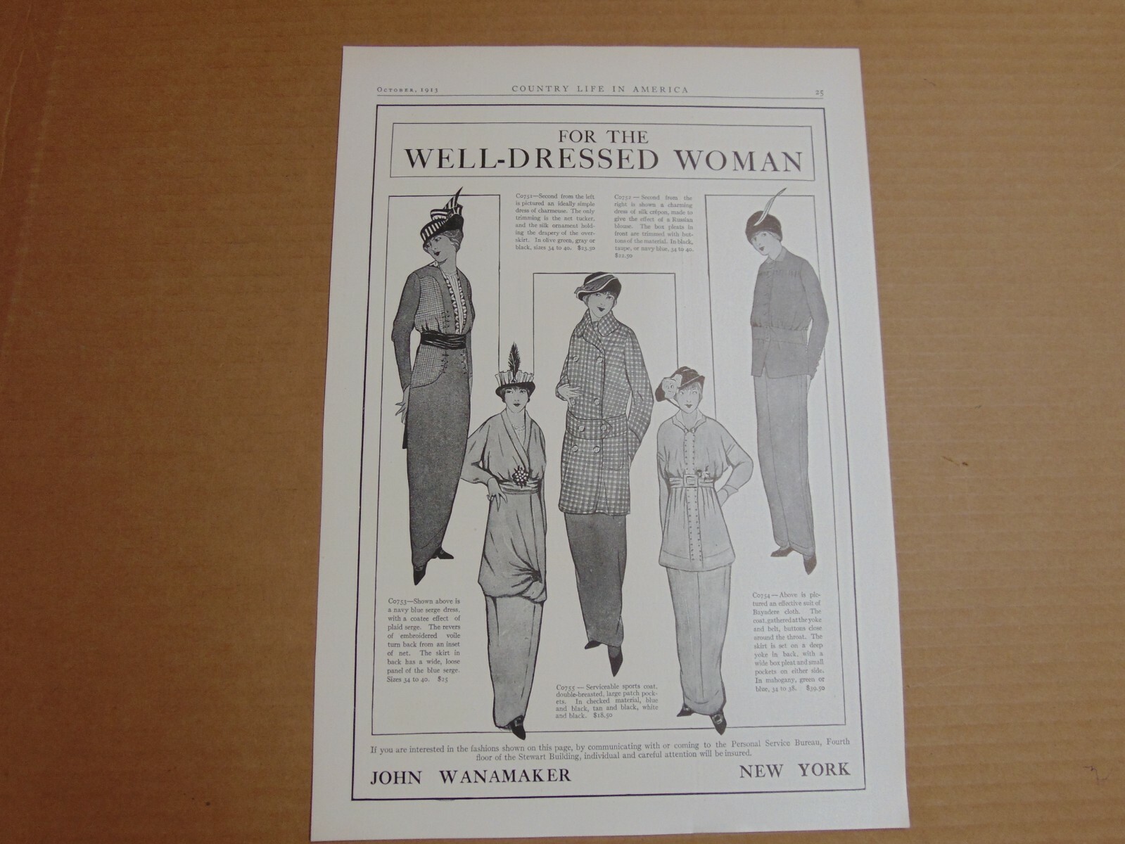 1913 WELL DRESSED WOMAN FASHION John Wanamaker New Yorkprint ad