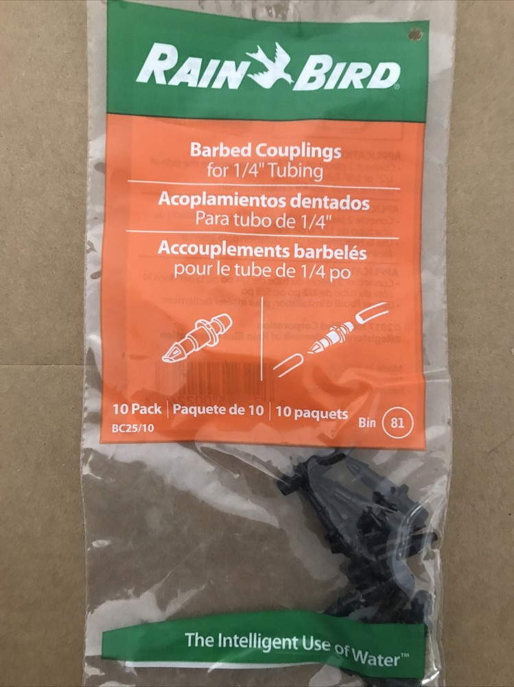 Rain Bird Drip Irrigation Universal 1/4" Barbed Coupling Fitting, 10-Pack,Black
