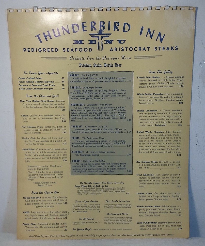 Restaurant Menu Thunderbird Inn Large 17" × 13" 2 Page + Dining Suggestions