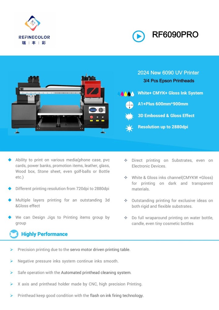 Refinecolor RF-6090 PRO A1 UV DTF Flatbed Printer Starter Bundle US Tech Support