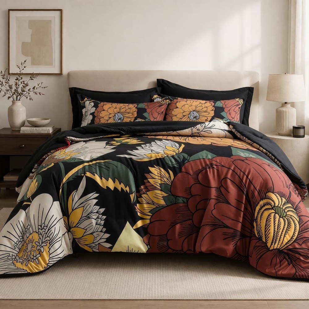 Black Boho Floral King Comforter Set 3Pc Reversible Bedding Set