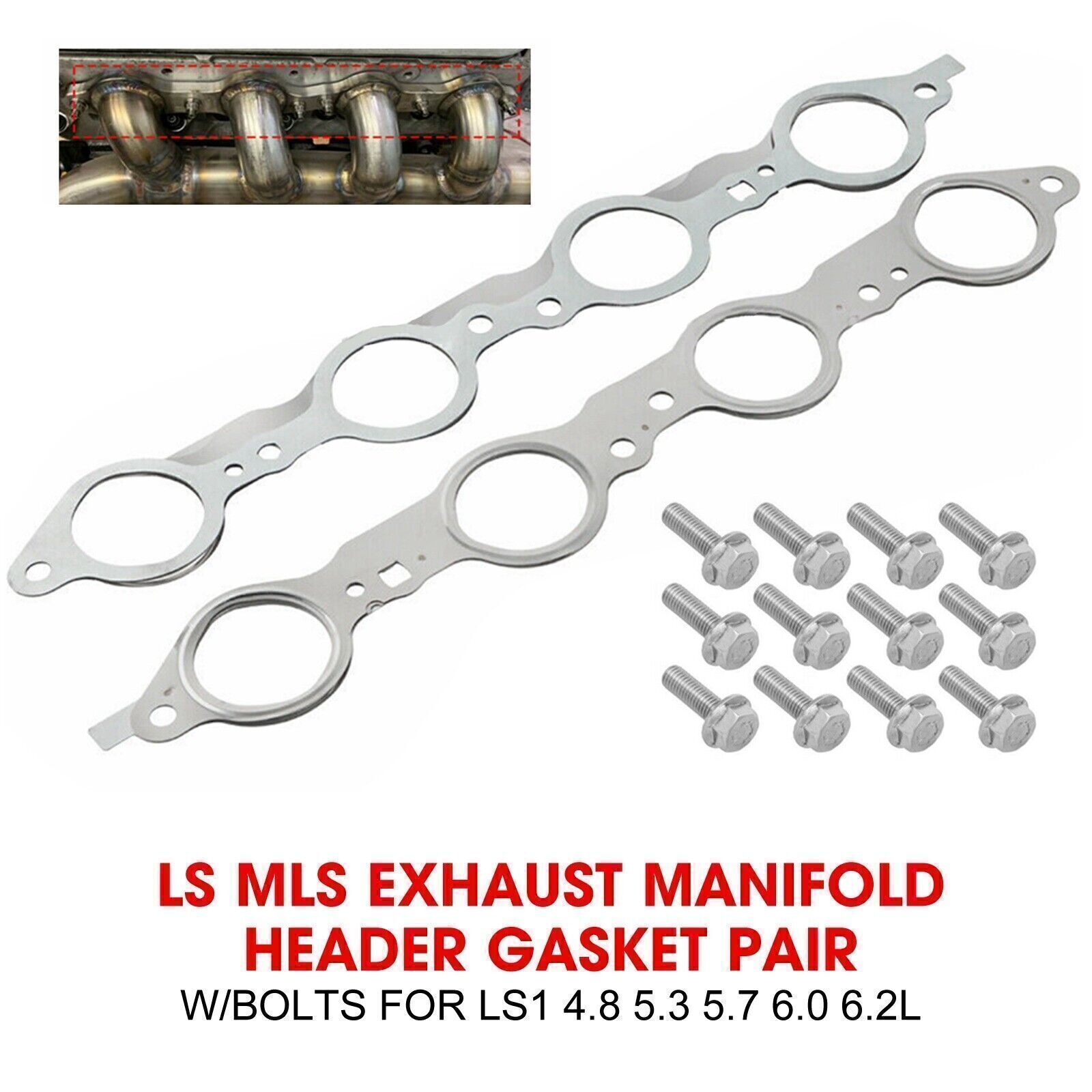 LS MLS Exhaust Manifold Header Gasket Pair W/Bolts For LS1 4.8 5.3 5.7 6.0 6.2RB