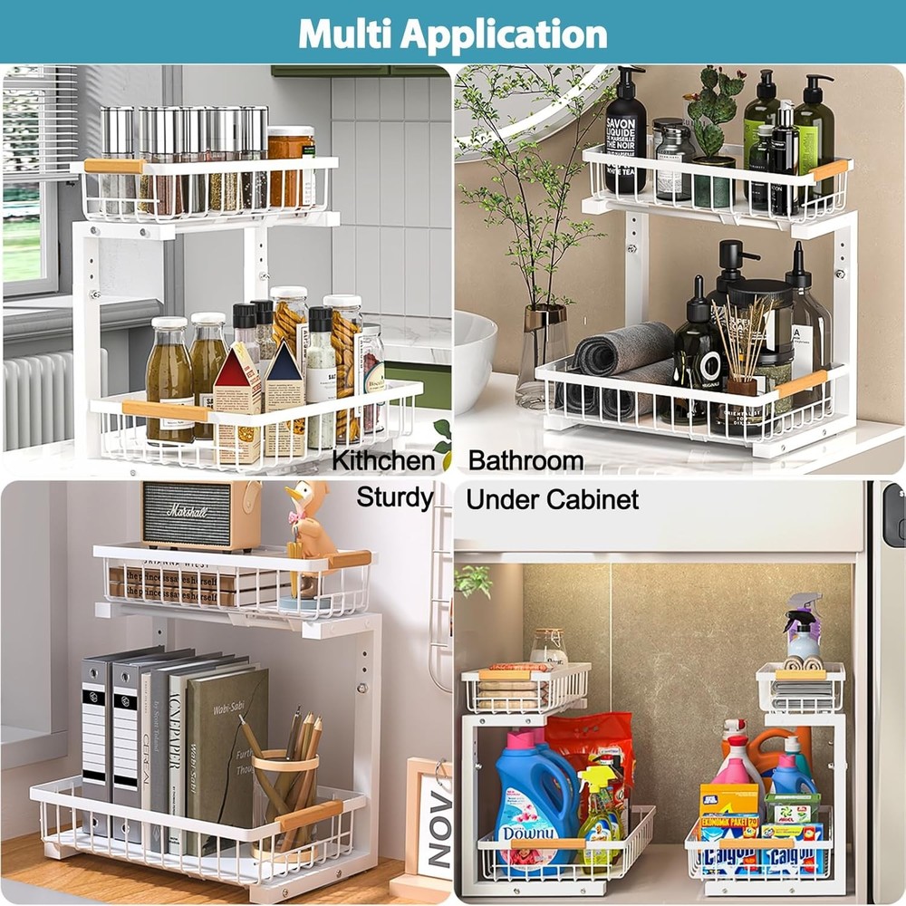 Under Sink Organizer 2 Pack 2 Tier Slide Out Large Capacity Height Adjustable