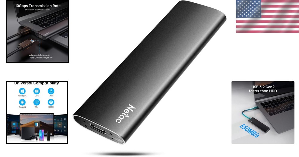 250GB Slim External SSD - USB 3.2 Gen 2, Shock Resistant for Secure Data Storage