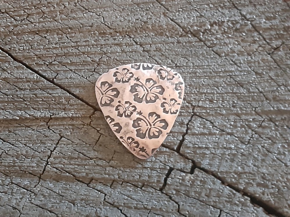 rustic copper guitar pick - playable and handmade - hibiscus