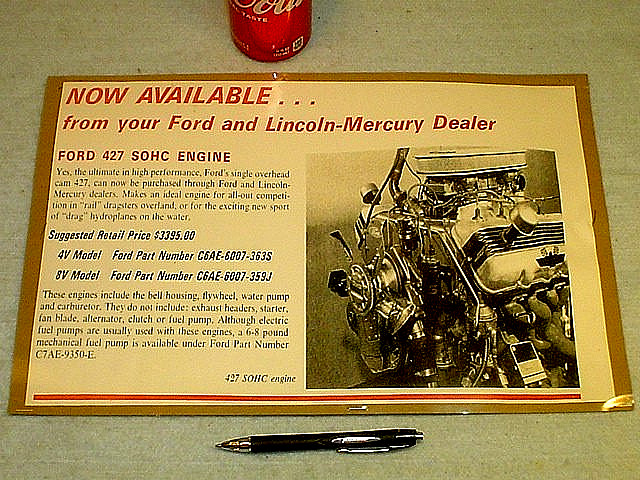 THREE VINTAGE 1960's FORD 427 OHC SOHC DRAGGIN ENGINE ADVERTISING PAPER POSTERS