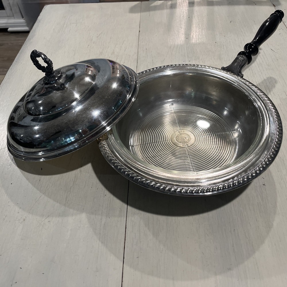Silverplate Covered Serving Dish 3 Pc.~Pyrex Vintage Wood Handle~EUC~RARE￼