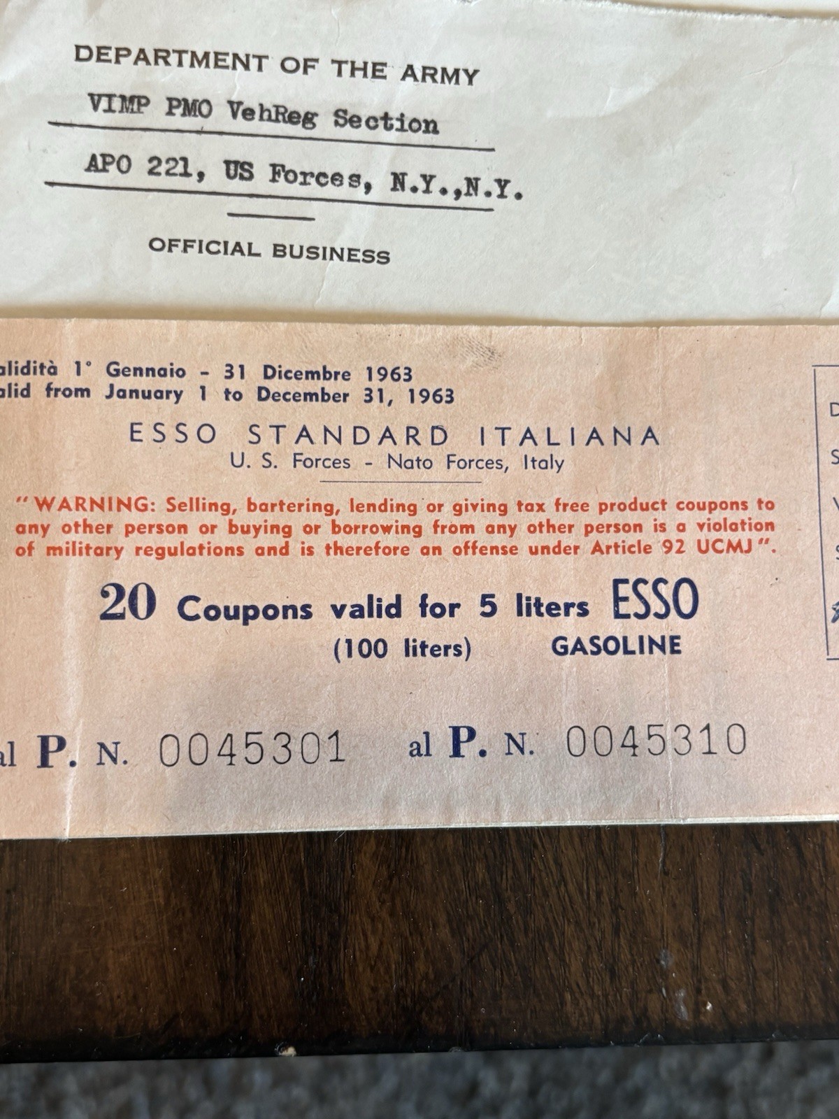VINTAGE 1963 ESSO-NATO military Gas Coupon ￼U.S /NATO forces ￼ITALY (5liters)