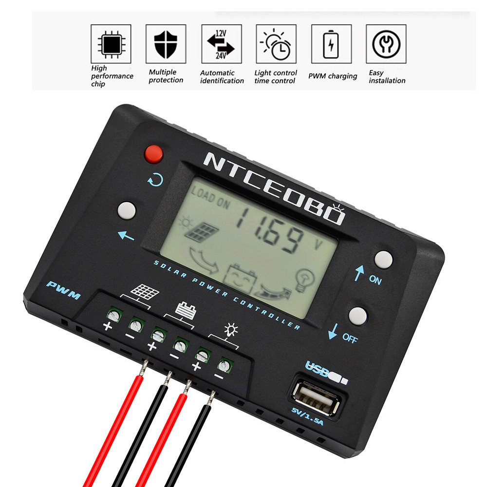 Large LCD Display 10A Solar Charge Controller 12V/24V,Double Button,USB Port