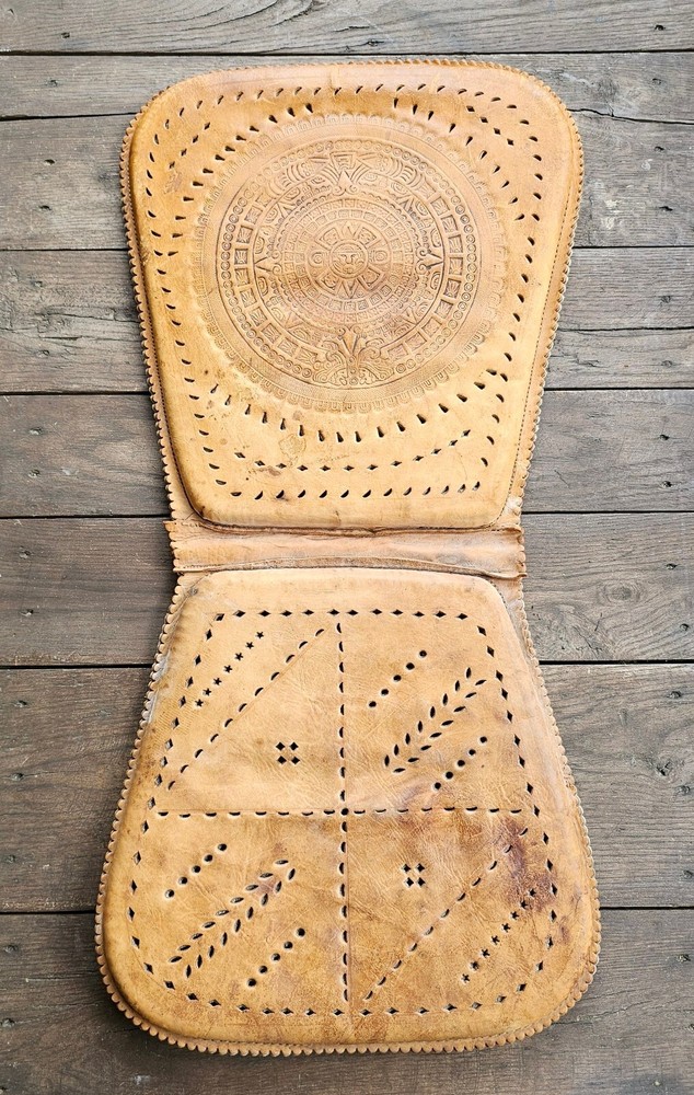 Vtg Aztec Calendar Tooled Leather Seat Cushion