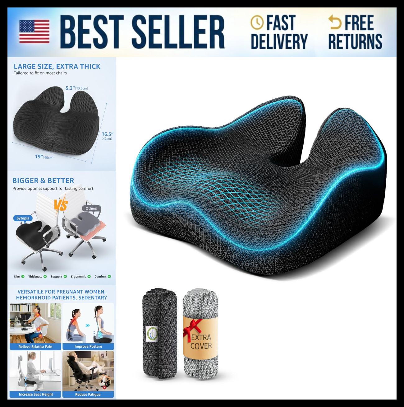 Extra Large Ergonomic Memory Foam Seat Cushion - 19"x17" for Tailbone & Sciatica