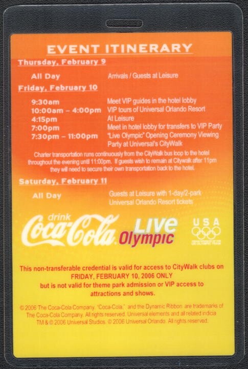 Olympic Viewing Party Backstage Pass - 2006 Laminated Pass