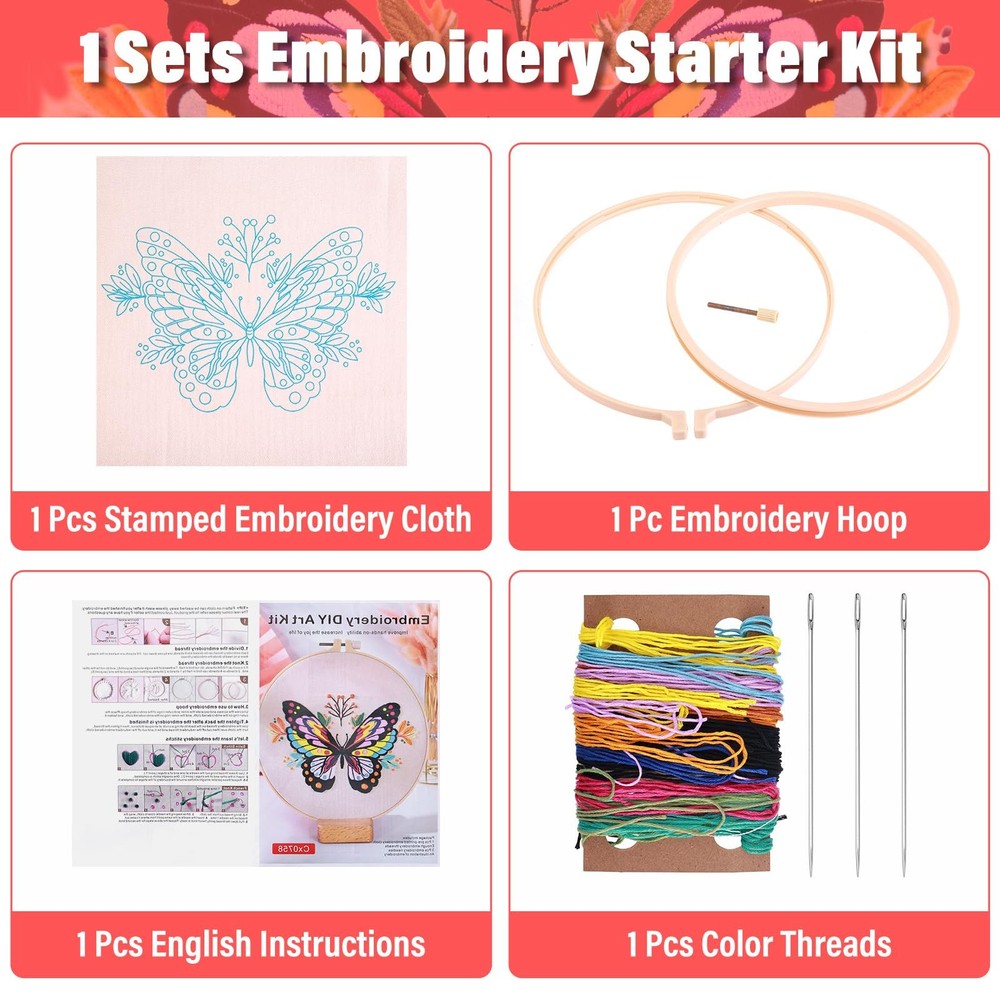 3Pcs Butterfly Flower Pattern Embroidery Kit, Cross Medium, Multicolored