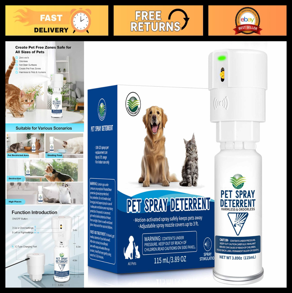 Automatic Motion Activated Cat & Dog Spray Deterrent System - Odorless, Safe Up