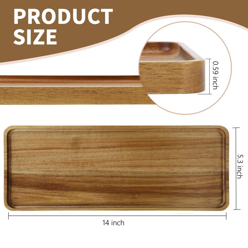 3 PCS Solid Acacia Wood Serving Trays 14x5.3 Inch Rectangular Platters Boards