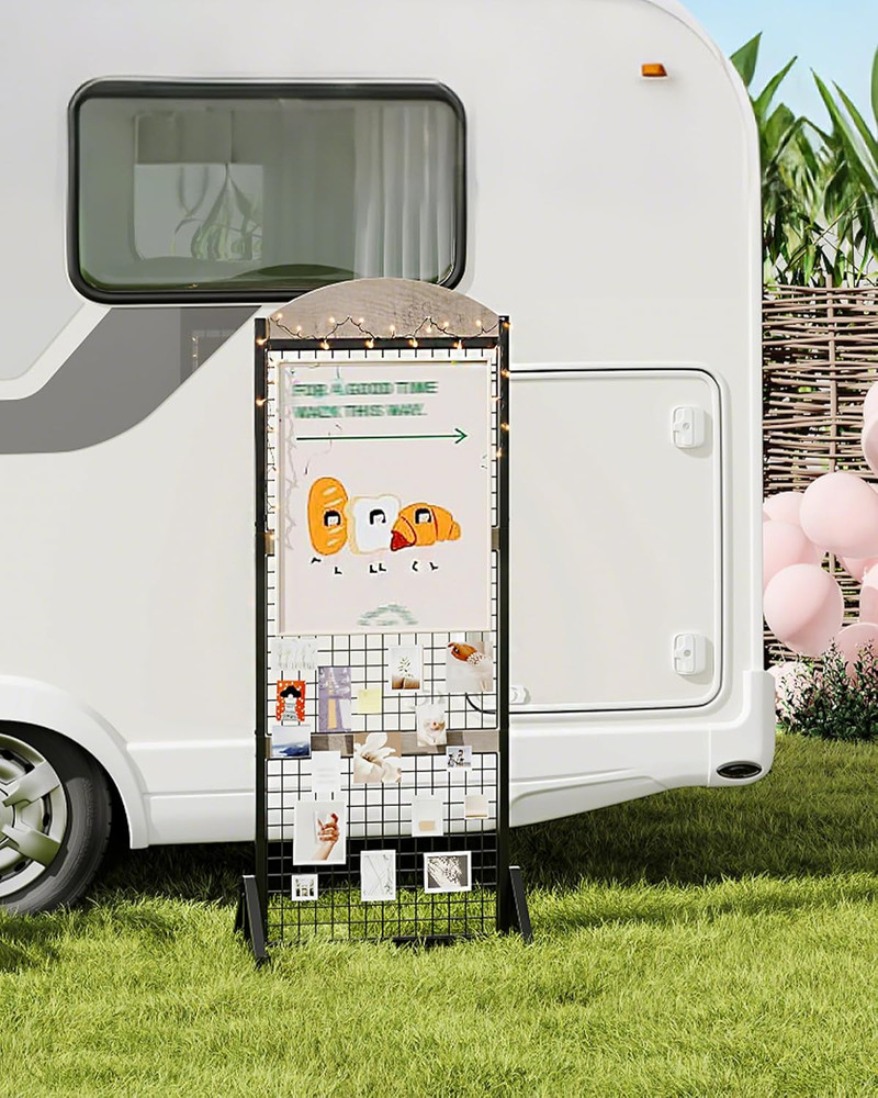 Movable Grid Wall Panel Display Rack with Wheels & Hooks - Greige/Black