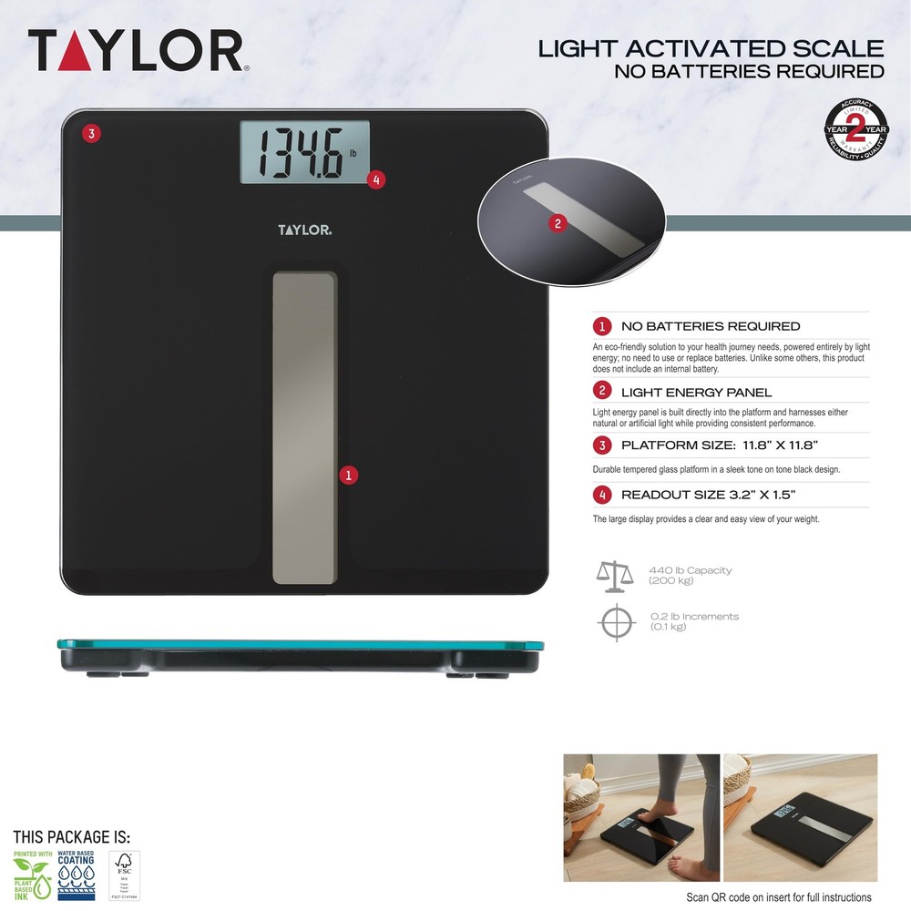 Taylor Light Powered Digital Bath Scale, 400lb, Large Durable Platform