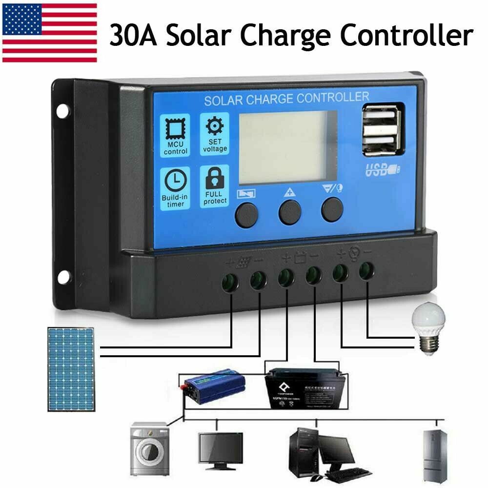 LCD Solar Panel Battery Regulator Charge Controller Dual USB 12V/24V 10A/20A/30A