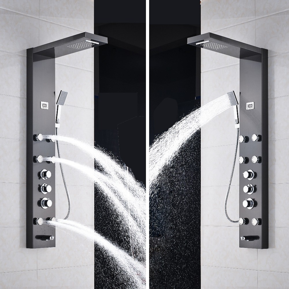Black Shower Panel Rain&Waterfall Digital Display Handheld Spray Wall Mount Taps