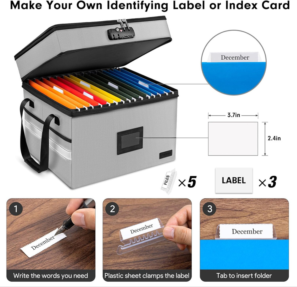 Fireproof Document Box with Lock, 2-Layer File Box Storage Organizer with 5 Tabs