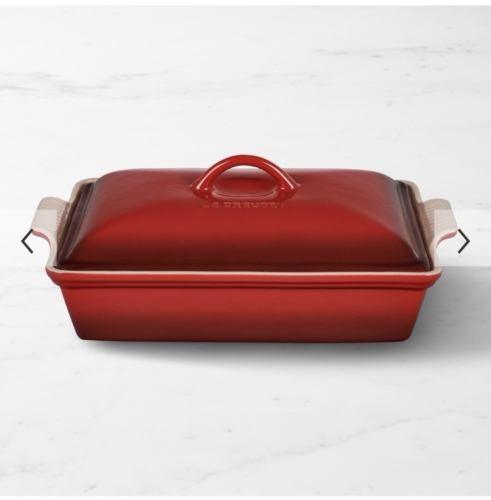 Le Creuset Ceramic Rectangular Casserole Dish Cerise Red White with Lid