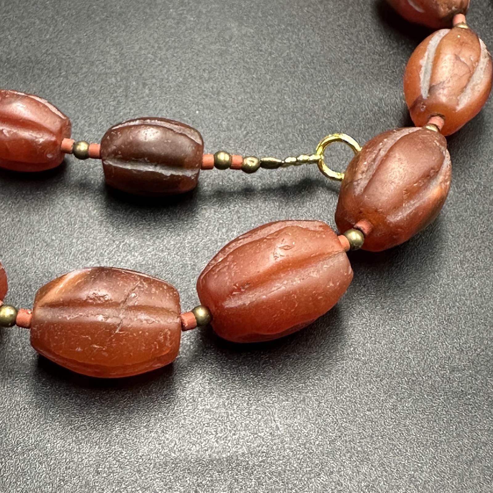 Vintage Himalayan Tibetan Carnelian Carved Agate Oval Shape Beads Necklace Mala