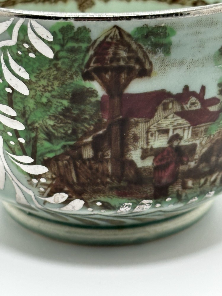 Rare Silver Overlay Pastoral Scene Poly Brown Transferware Cup