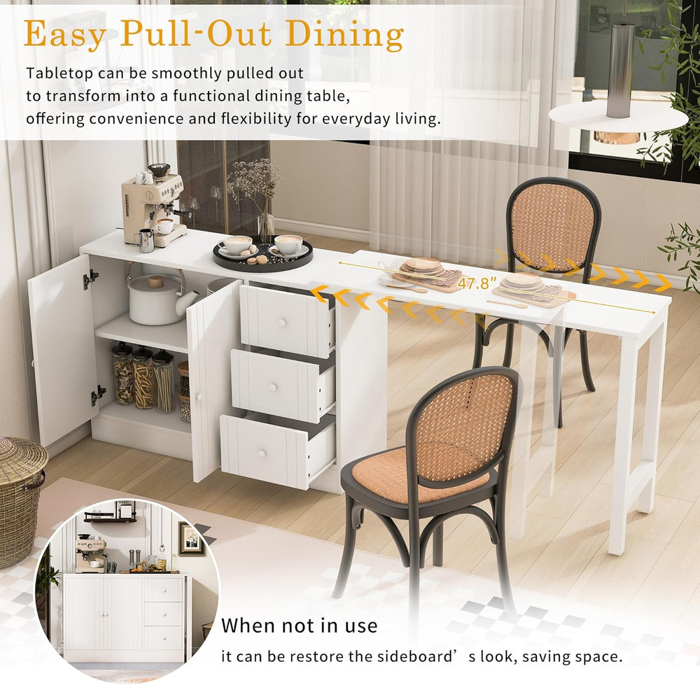 Rustic White Buffet Sideboard with Extendable Table & Adjustable Shelves