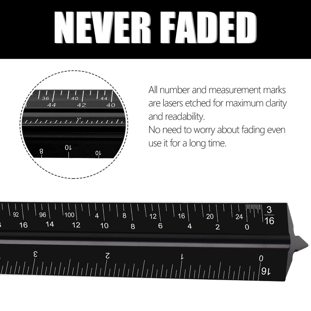 12" Architectural Scale Ruler, Aluminum Scale, Triangular black