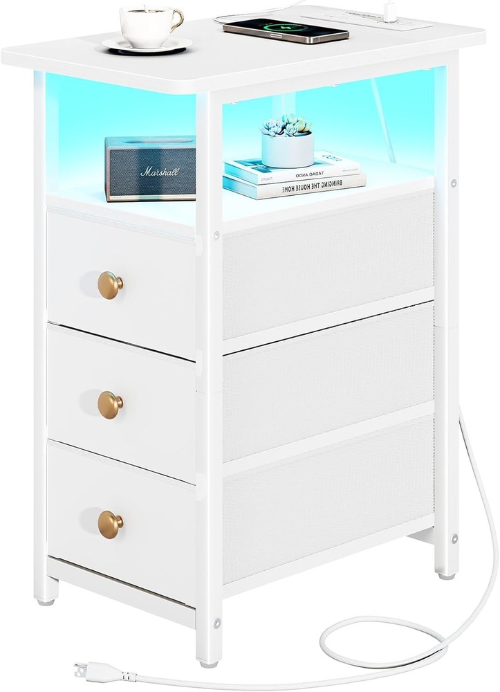 End Table W/ Charging Station LED Narrow Side Table Bedside Table Small Night