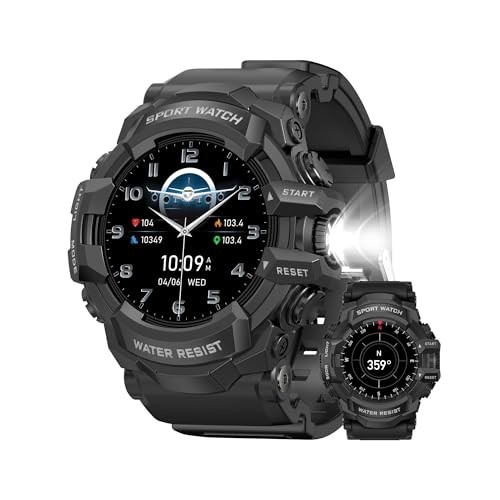 Military Smart Watch with Flashlight (Answer/Make Call) Compass, Black