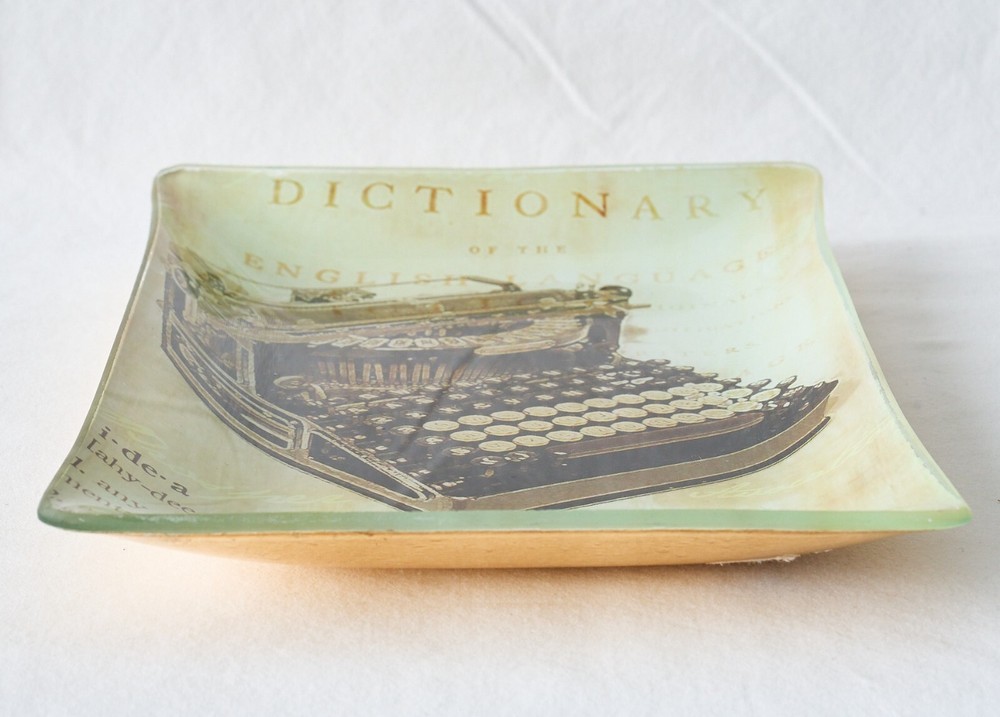 POTTERY BARN Decoupage Tray Typewriter Idea Rectangular Glass Gold Trinket Dish