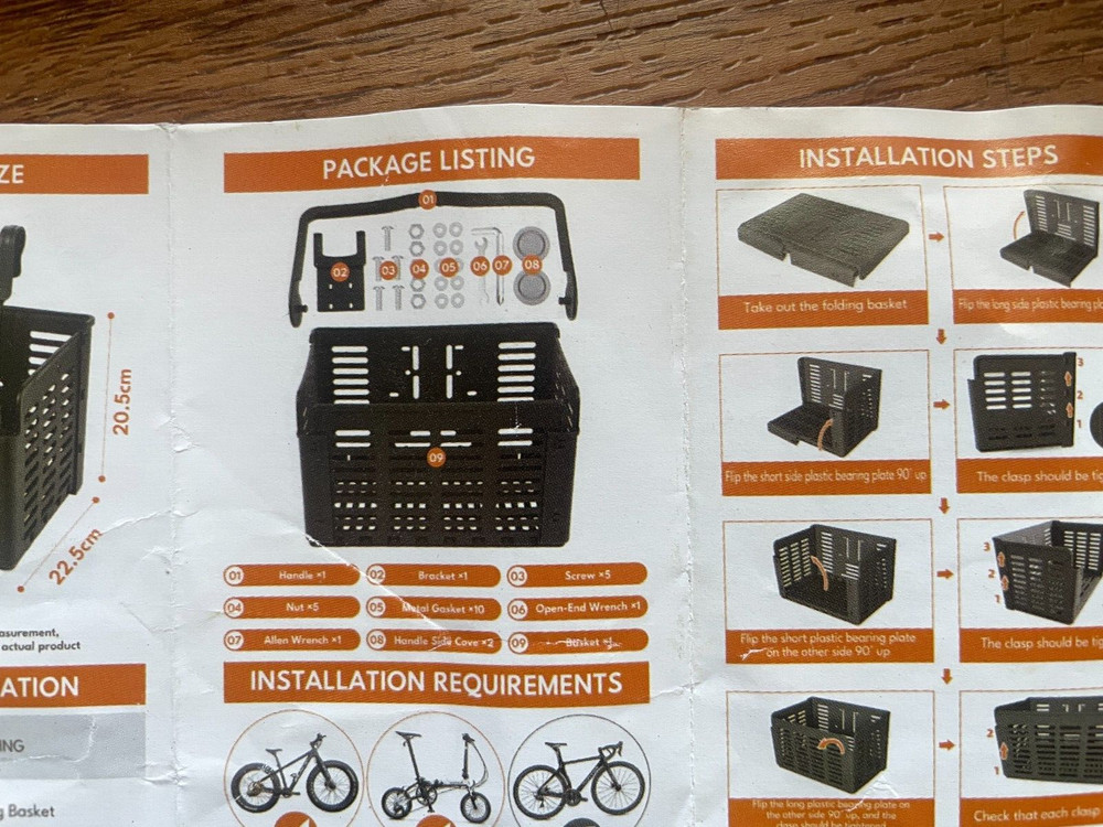 Front Bicycle Folding Basket Detachable with Handle