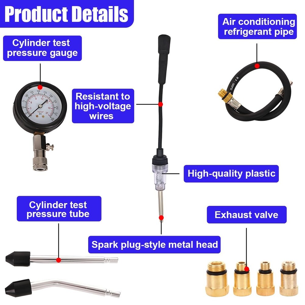 9PCS Engine Compression Tester Kit with Spark Plug Gauge, 0300 PSI