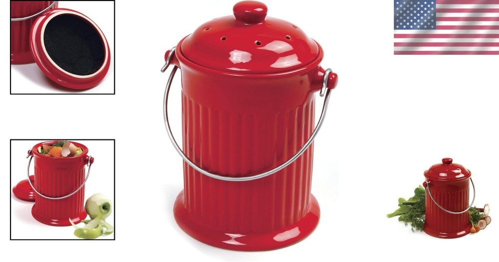 Functional 1 Gallon Red Ceramic Compost Keeper with Odor Filter - Eco Chic
