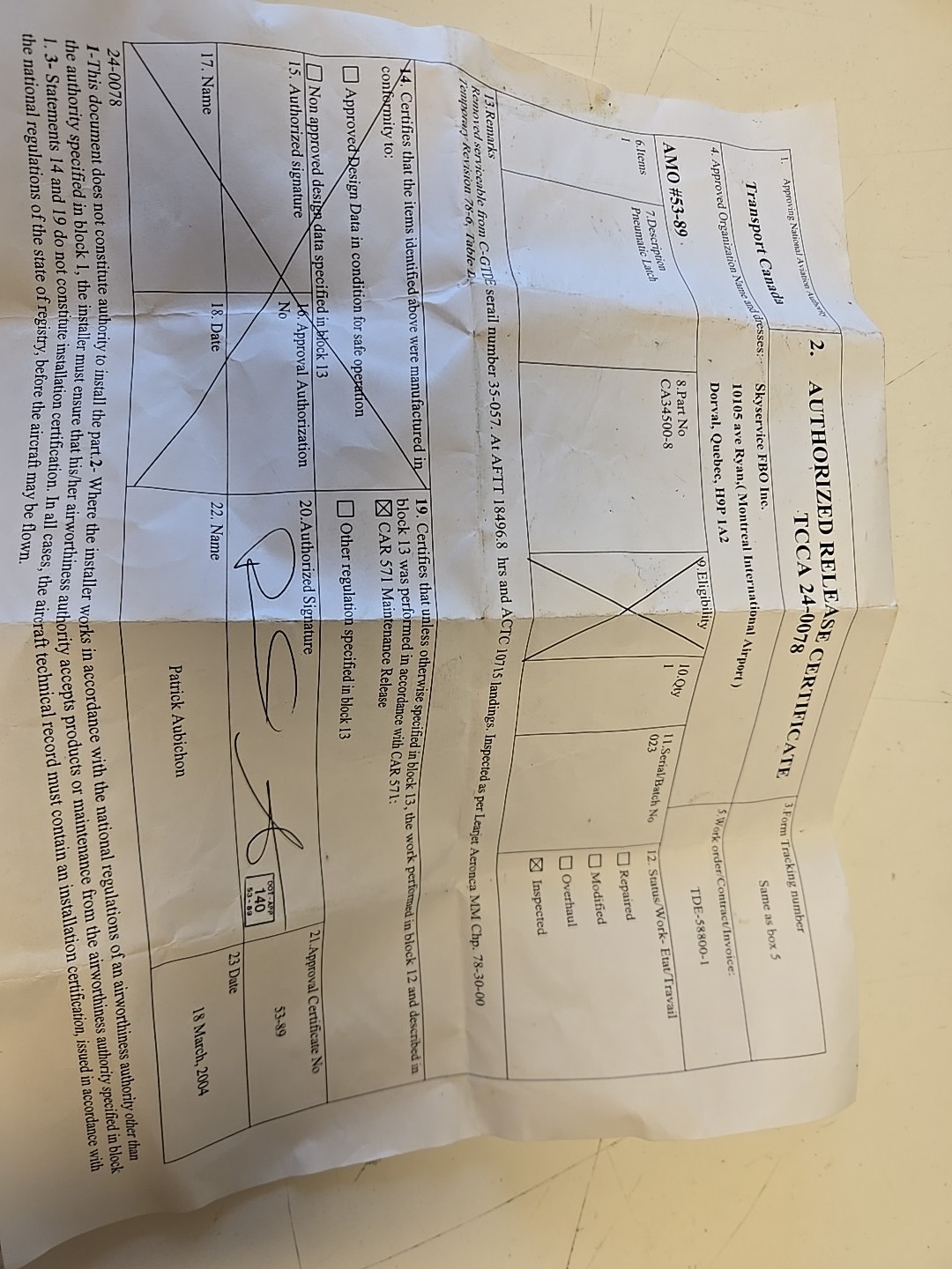 Bombardier Pneumatic Latch P/N CA34500-8 S