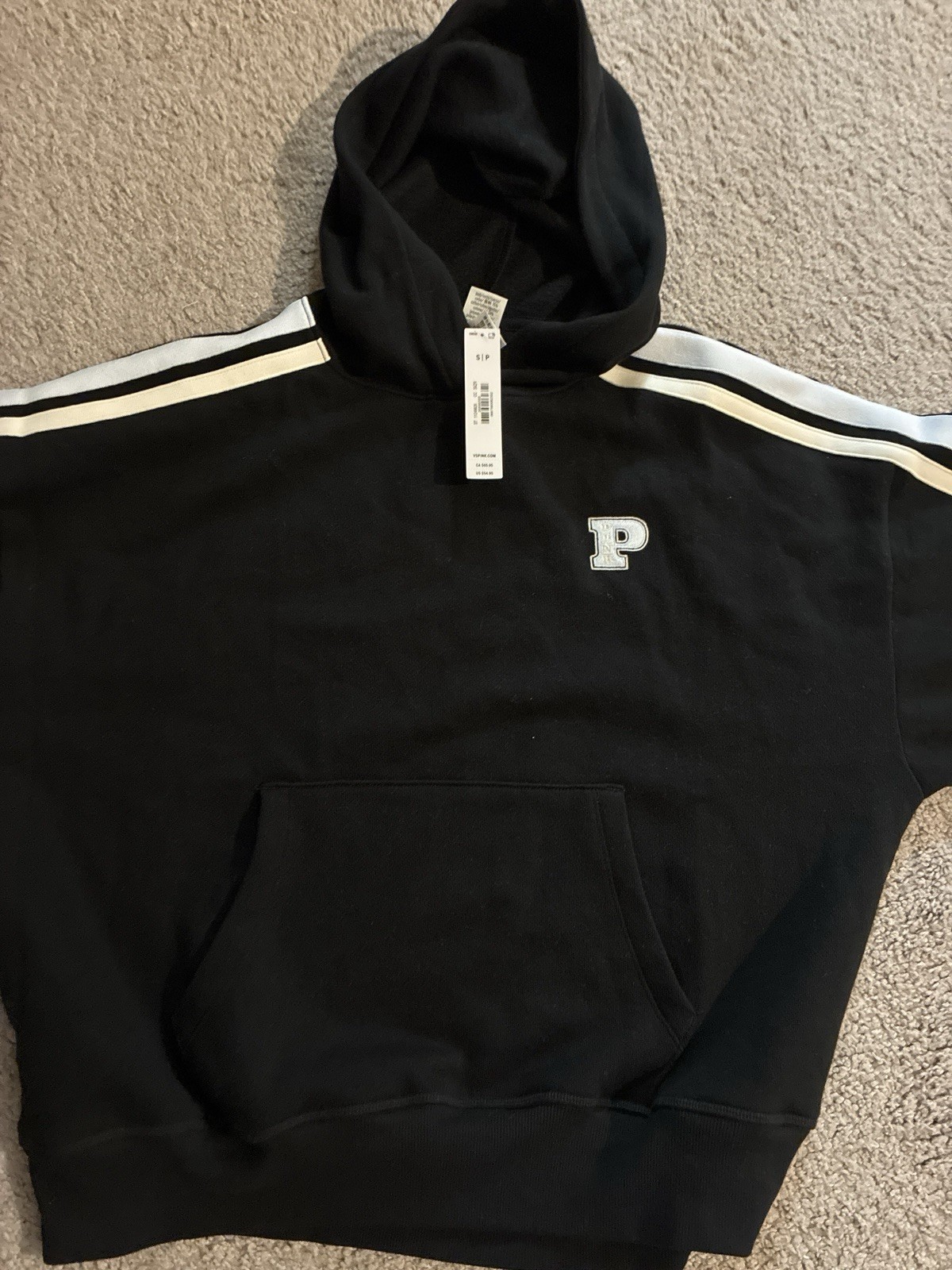 New Victoria’s Secret Pink Pullover Hoodie (L) Black Logo Stripe NWT