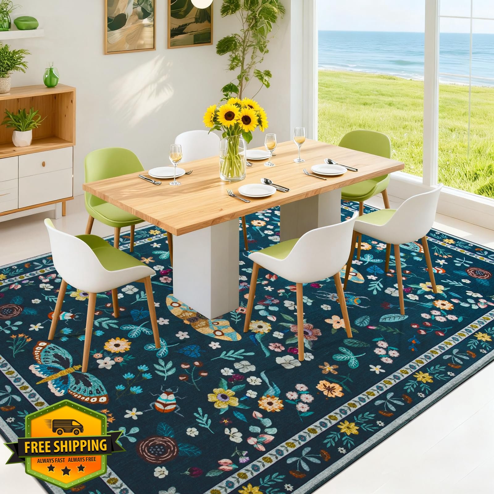 Iplusmall 8x10 Washable Rug Teal Green Floral Butterfly