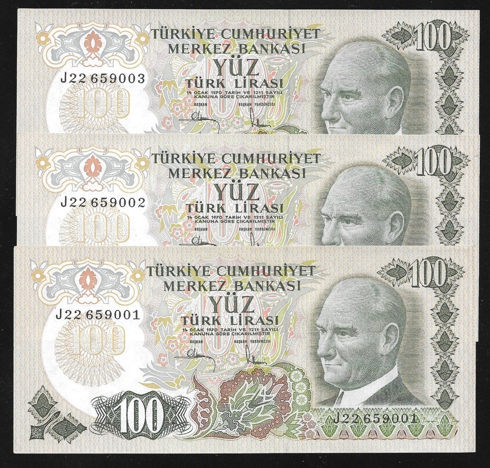 Turkey - Set/3 consec. 100 Lirasi Notes - 1970(83) P189c - Unc.