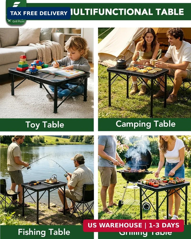 2Ft Small Folding Table with Carry Handle, Camping Table Adjustable Height 10.6-
